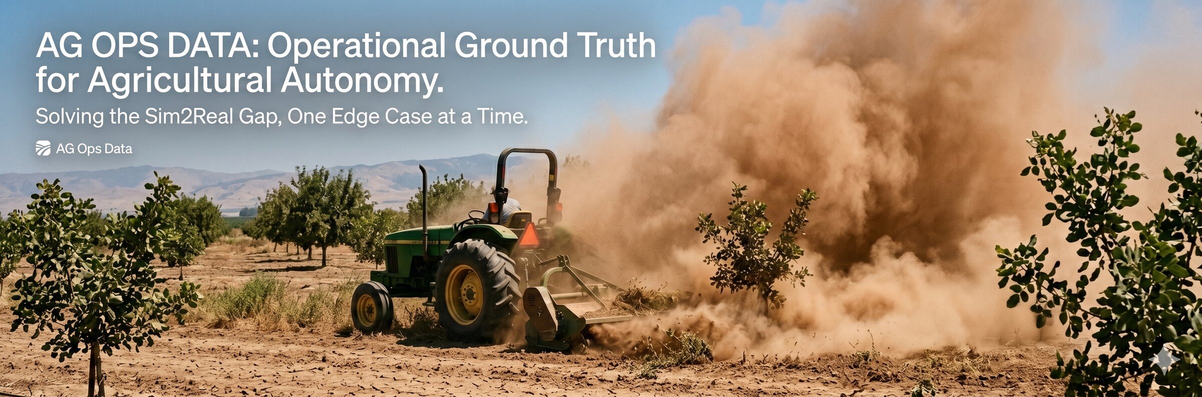 AgOps Data — operational ground truth for agricultural autonomy. Tractor mowing under heavy dust occlusion in a pistachio orchard.